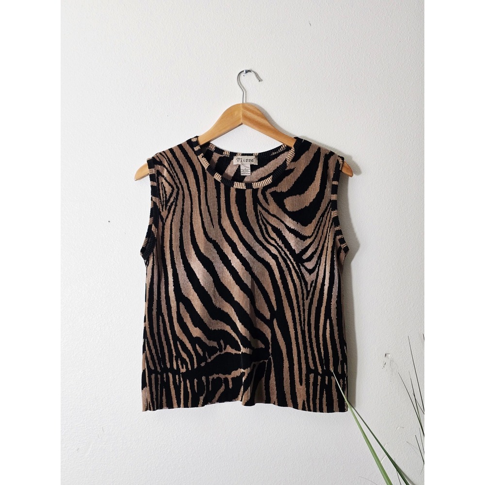 Plisse Zebra Print Tank Top Womens Large Tan Black 90s Micro Pleated Sleeveless